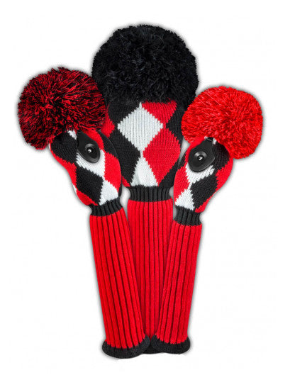 Just4Golf Red/Black Diamond Argyle Knit Headcovers With Pom