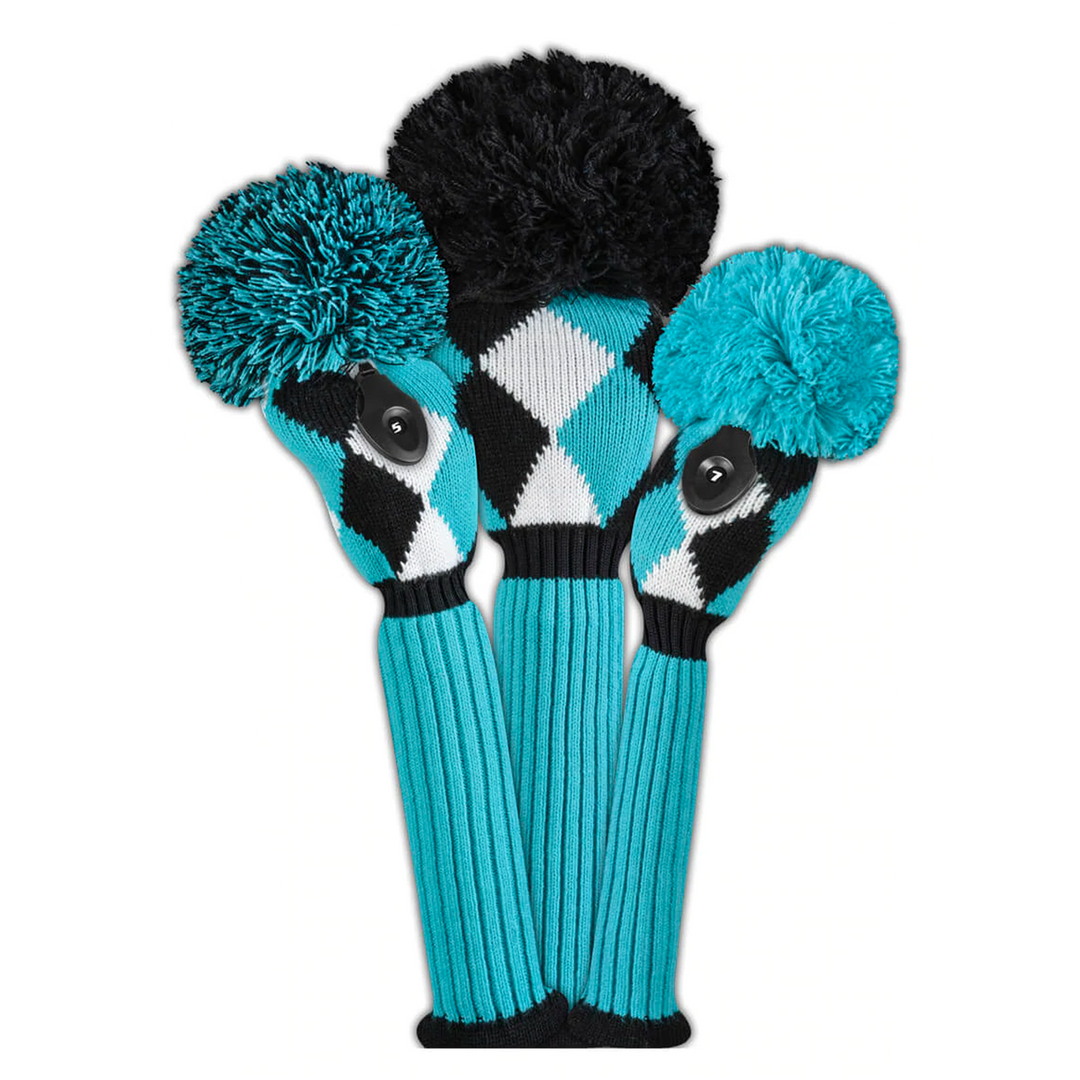 Just4Golf Turquoise Diamond Argyle Knit Headcovers With Pom