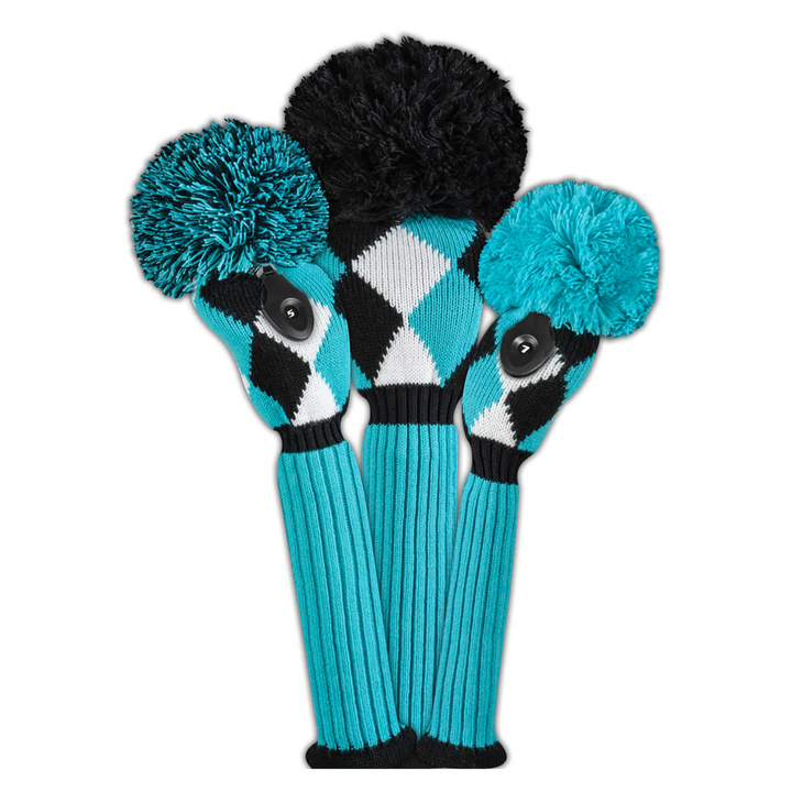 Just4Golf Turquoise Diamond Argyle Knit Headcovers With Pom