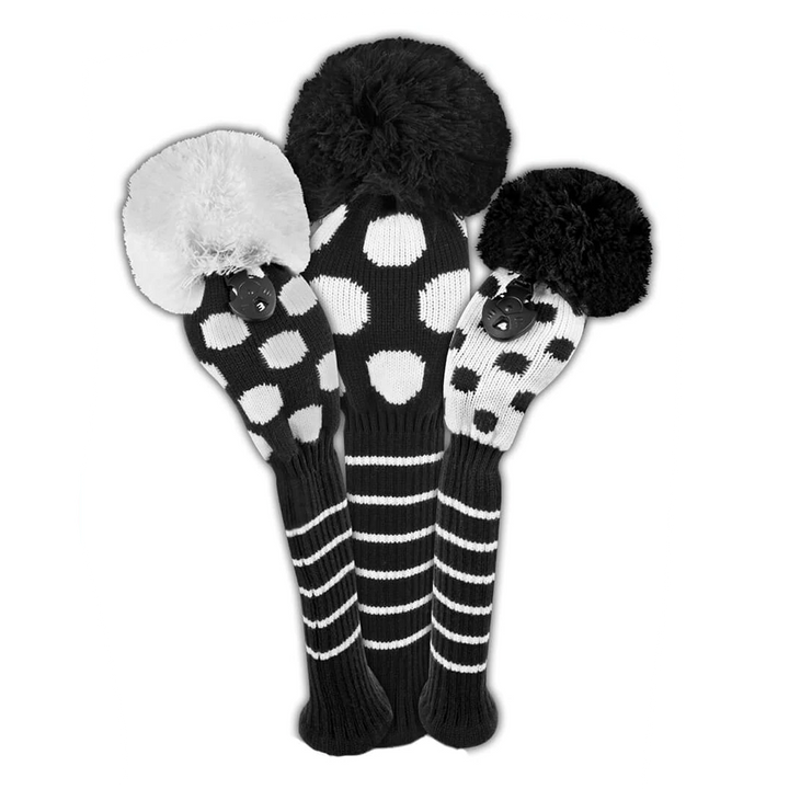Just4Golf Black/White Dots Knit Headcovers With Pom