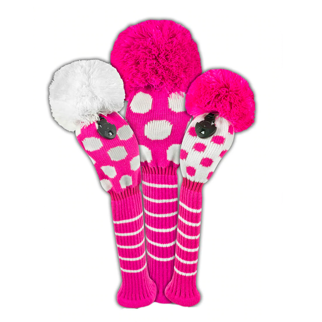 Just4Golf Pink/White Dots Knit Headcovers With Pom