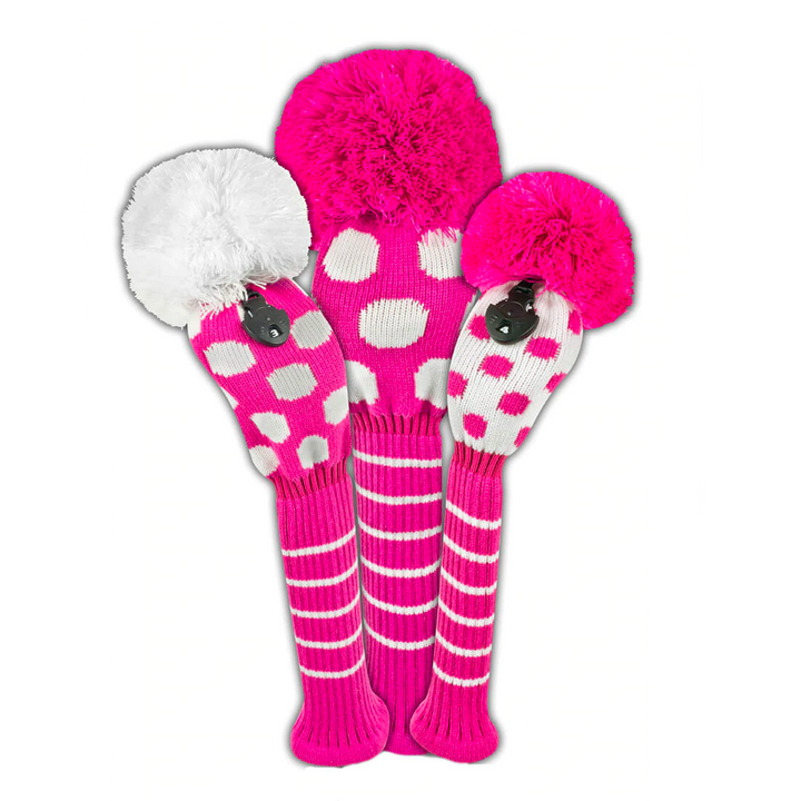 Just4Golf Pink/White Dots Knit Headcovers With Pom