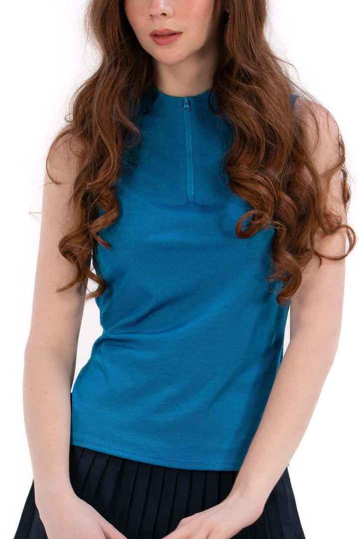 Foray Golf Blue Opal Rib Sleeveless Zip Polo