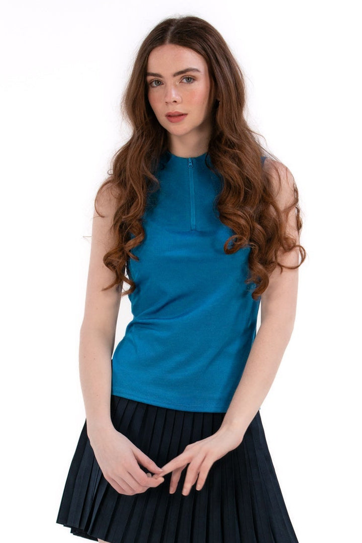 Foray Golf Blue Opal Rib Sleeveless Zip Polo
