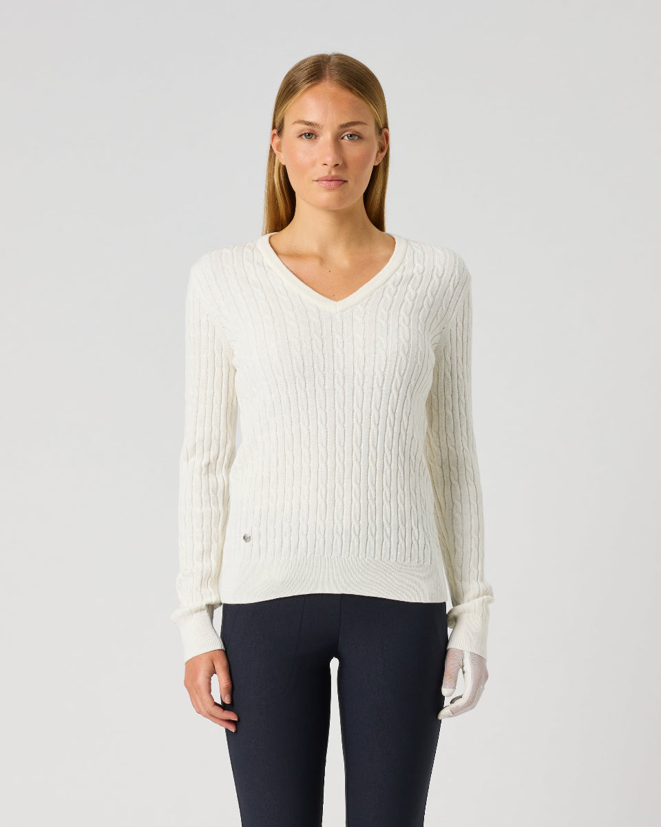 Daily Sports Madelene White Cable Knit V-Neck Sweater