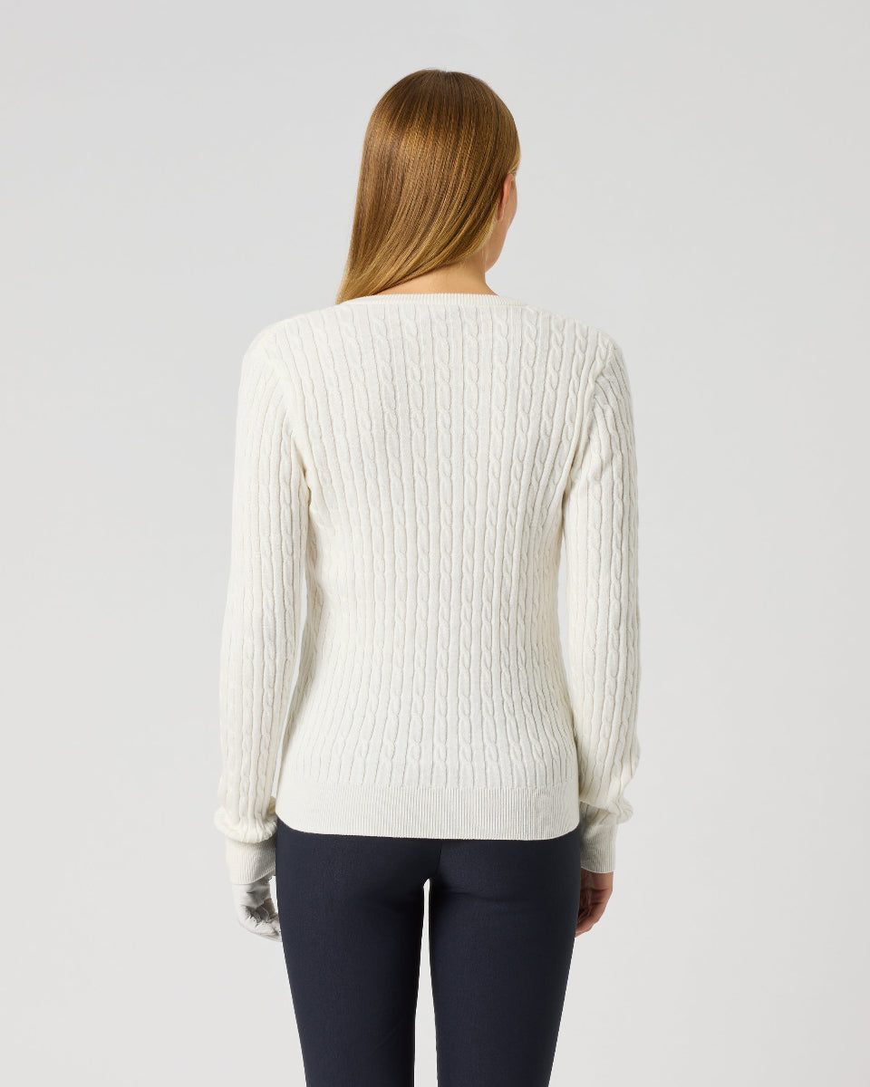 Daily Sports Madelene White Cable Knit V-Neck Sweater