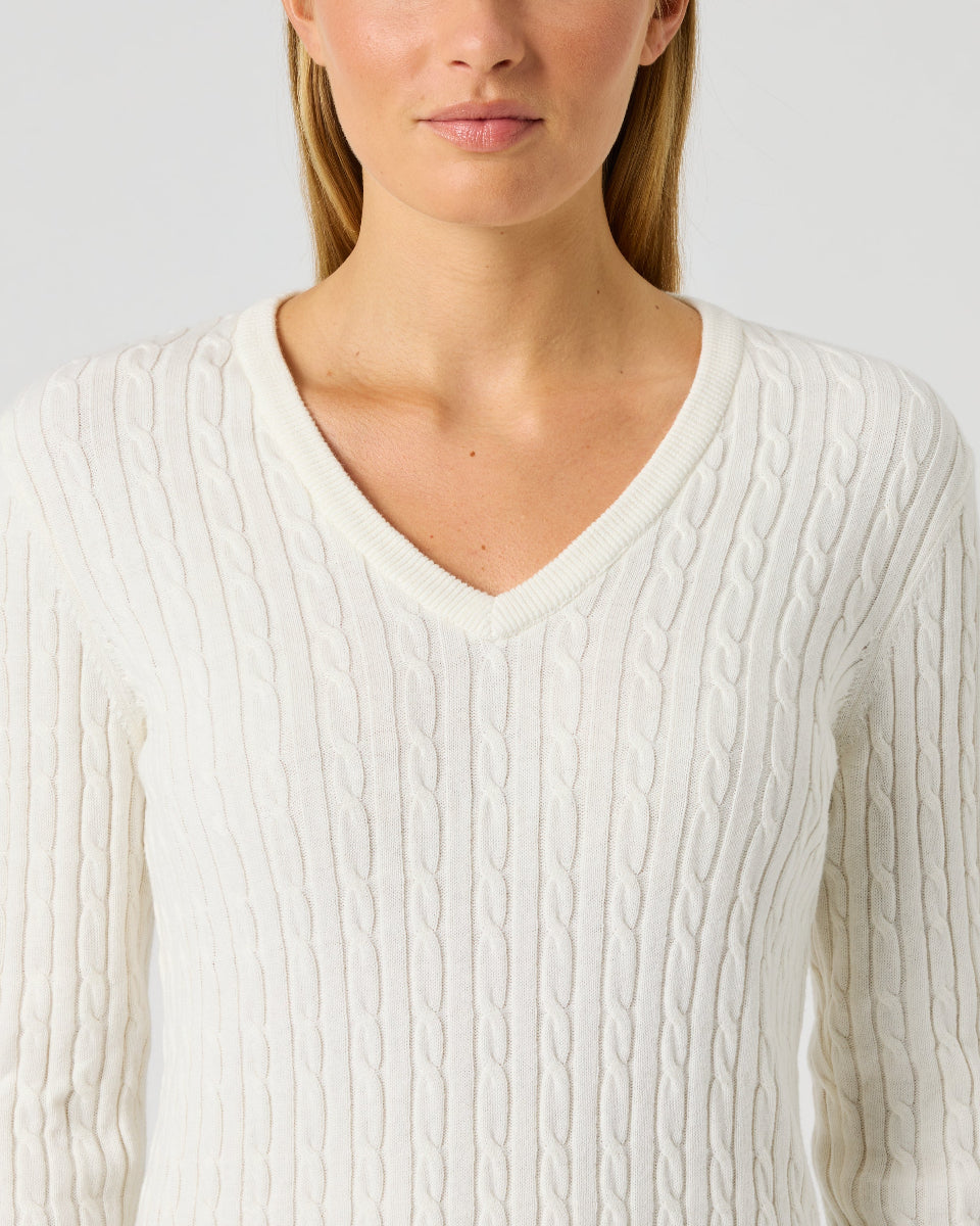 Daily Sports Madelene White Cable Knit V-Neck Sweater