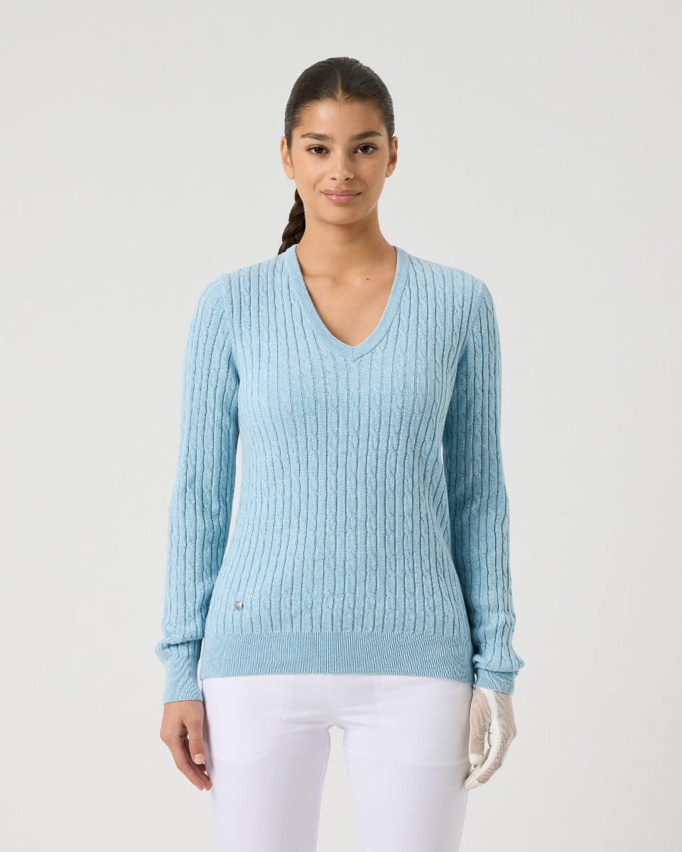 Daily Sports Madelene Breezy Blue Cable Knit V-Neck Sweater