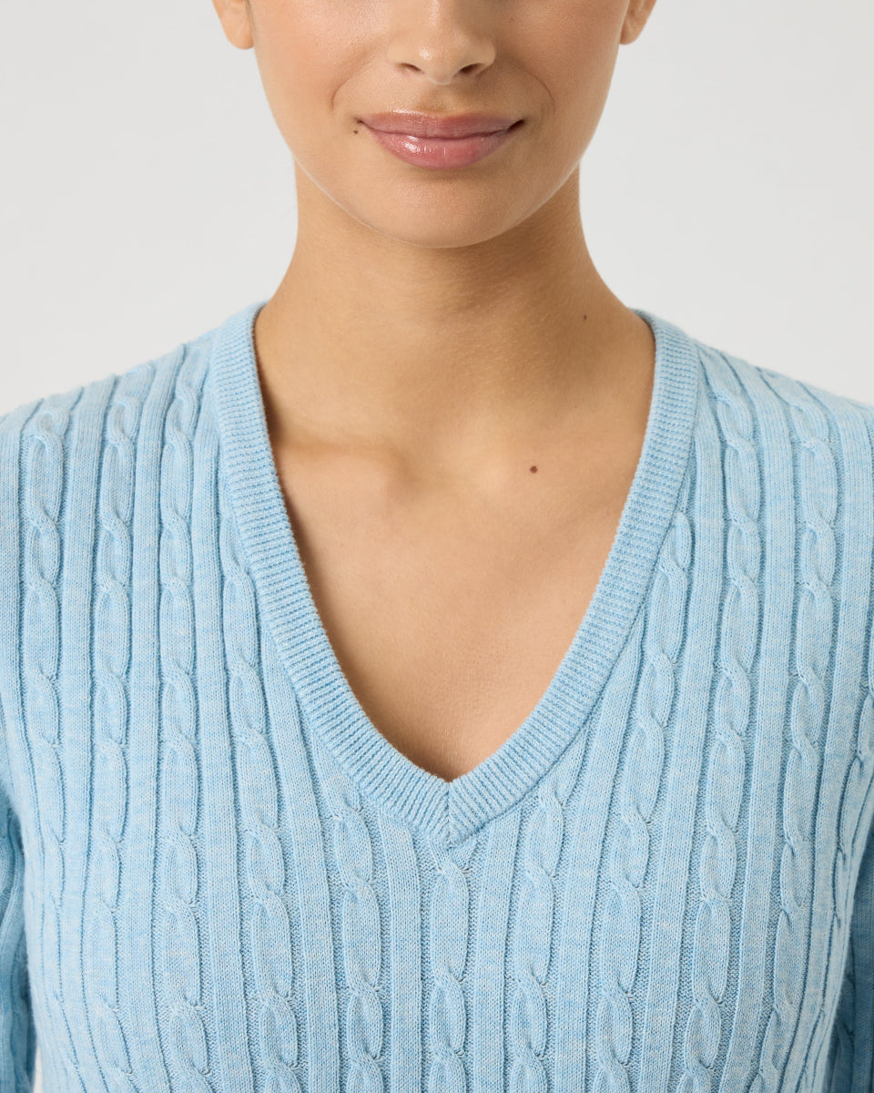 Daily Sports Madelene Breezy Blue Cable Knit V-Neck Sweater