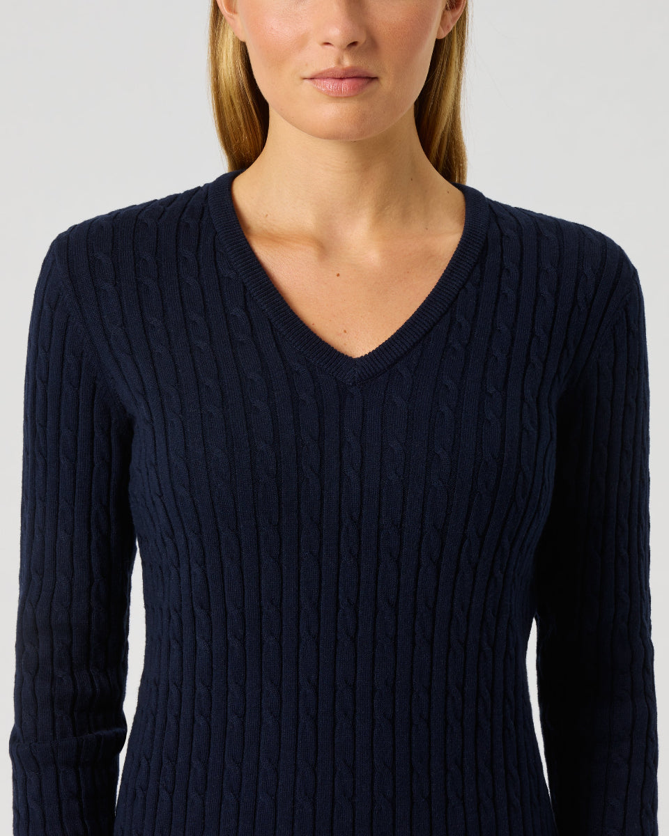 Daily Sports Madelene Dark Navy Cable Knit V-Neck Sweater