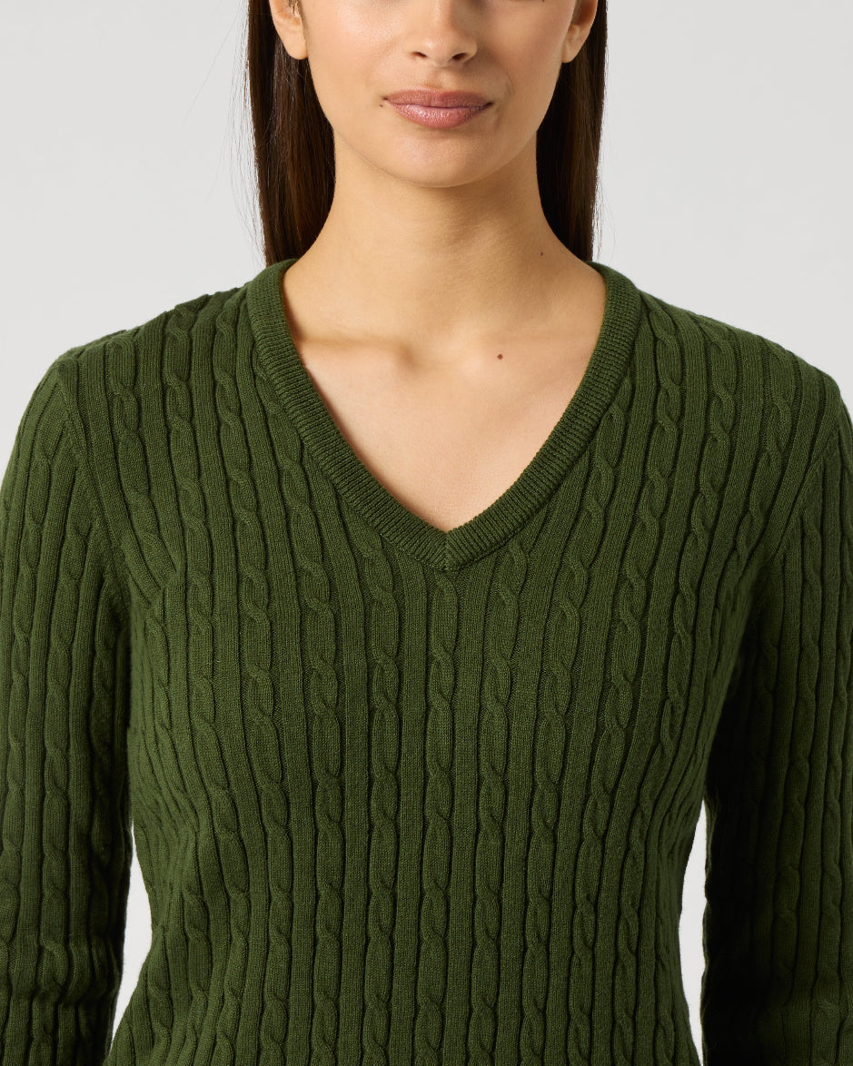Daily Sports Madelene Khakora Cable Knit V-Neck Sweater