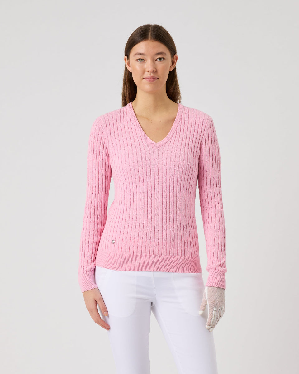 Daily Sports Madelene Prism Pink Cable Knit V-Neck Sweater