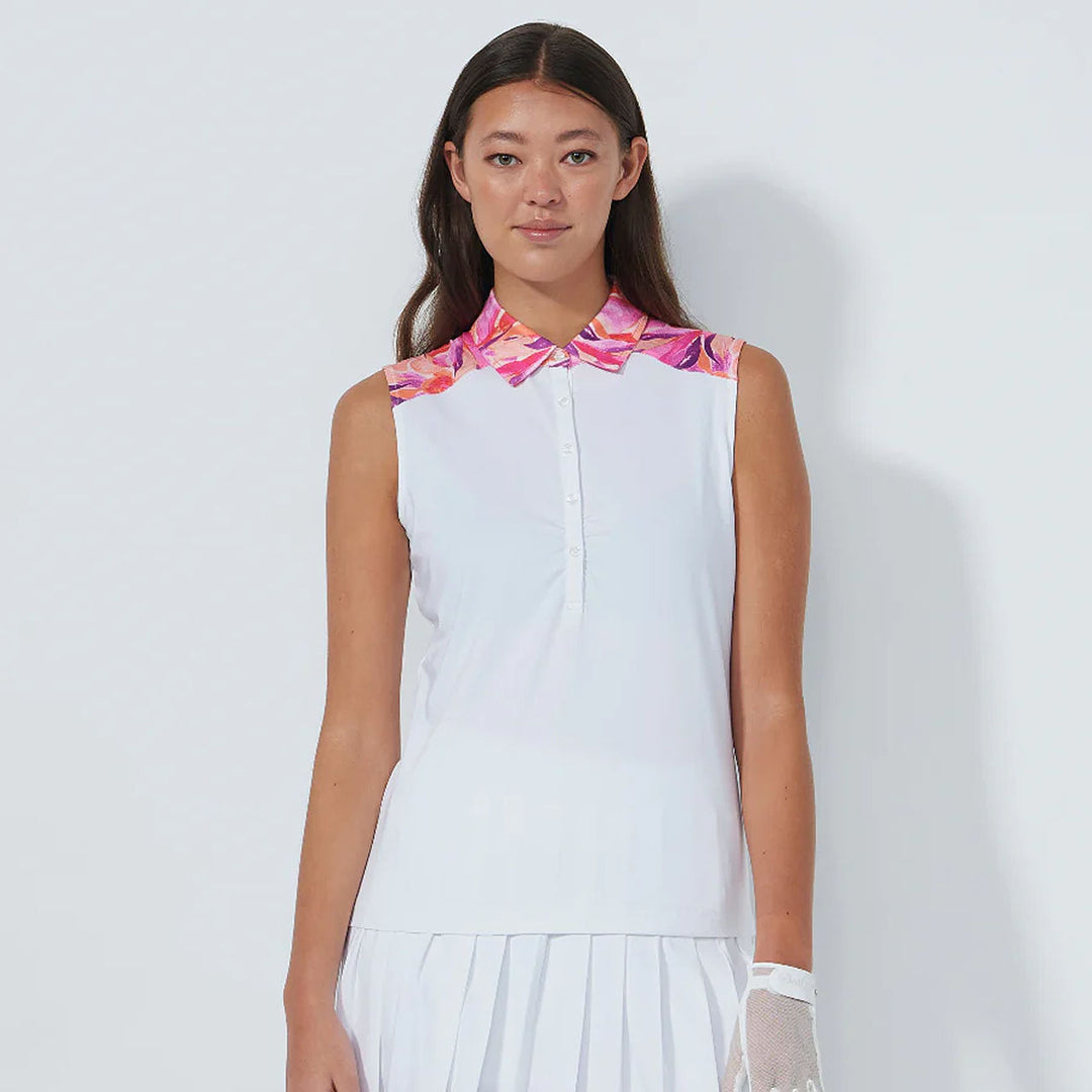 Daily Sports Artsy Leaf White Gathered Sleeveless Polo [PS26]