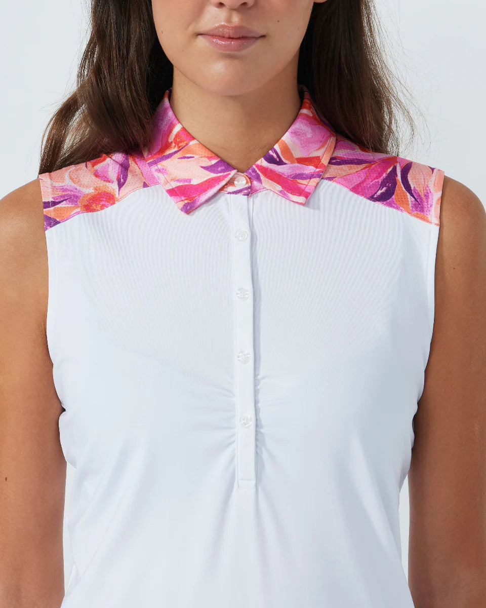 Daily Sports Artsy Leaf White Gathered Sleeveless Polo [PS26]