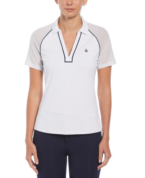 White Original Penguin V-Neck Mesh Polo