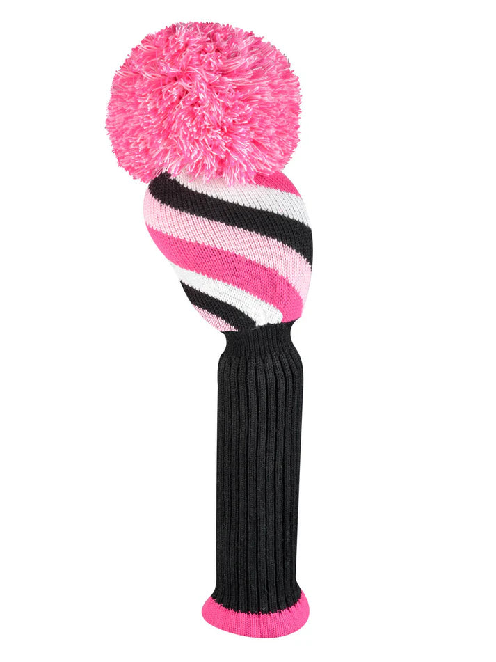 Just4Golf Pink/Black Diagonal Stripe Knit Headcovers With Pom