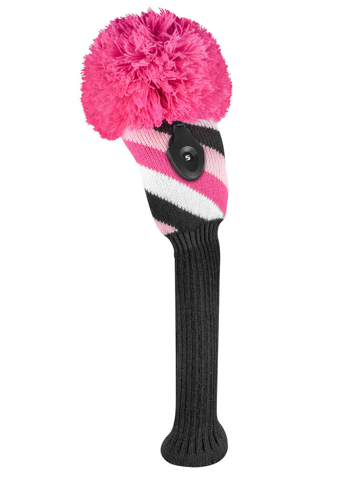 Just4Golf Pink/Black Diagonal Stripe Knit Headcovers With Pom