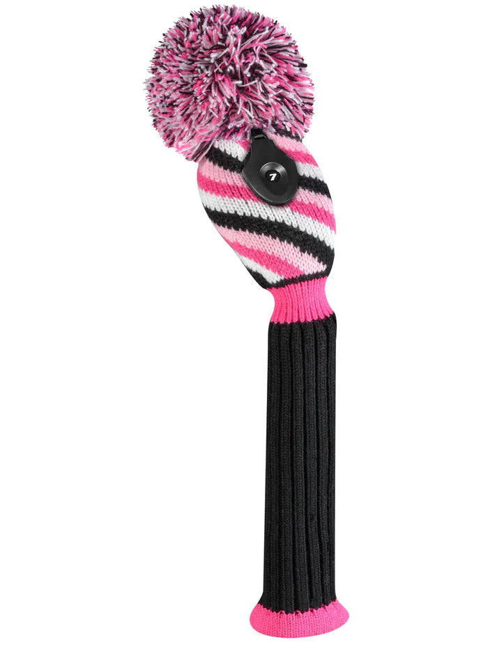 Just4Golf Pink/Black Diagonal Stripe Knit Headcovers With Pom