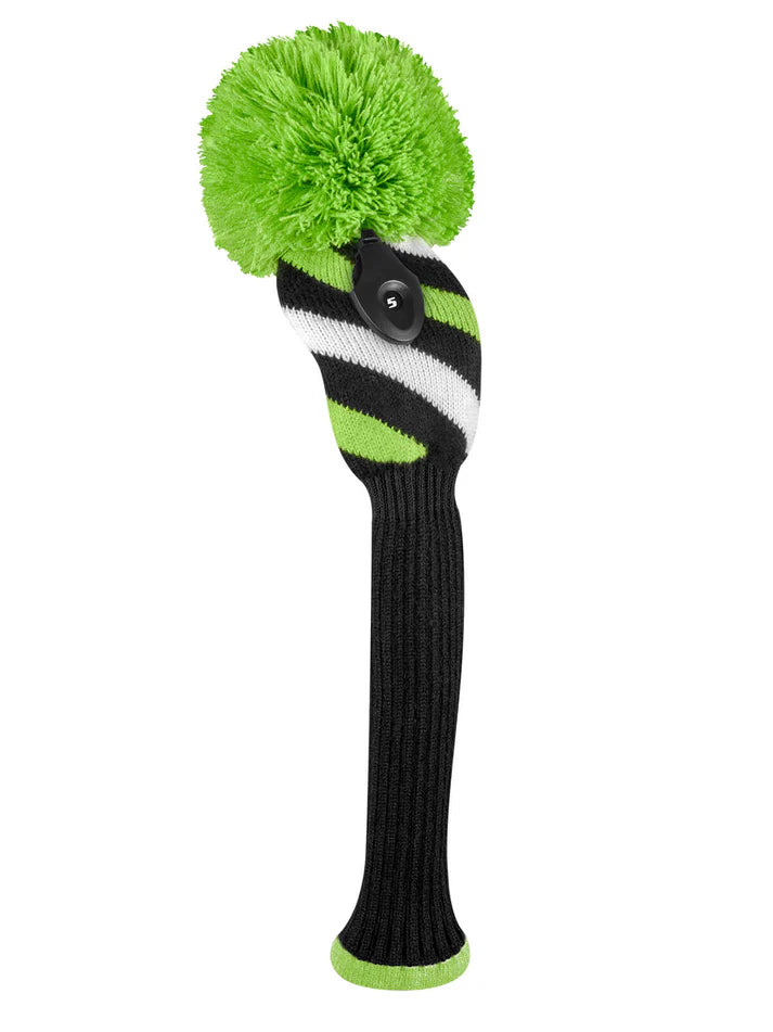 Just4Golf Lime/Black Stripe Knit Headcovers With Pom