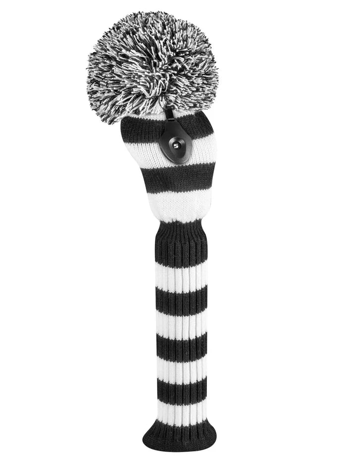 Just4Golf Black/White Stripe Knit Headcovers With Pom