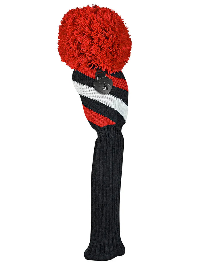 Just4Golf Red/Black Diagonal Stripe Knit Headcovers With Pom