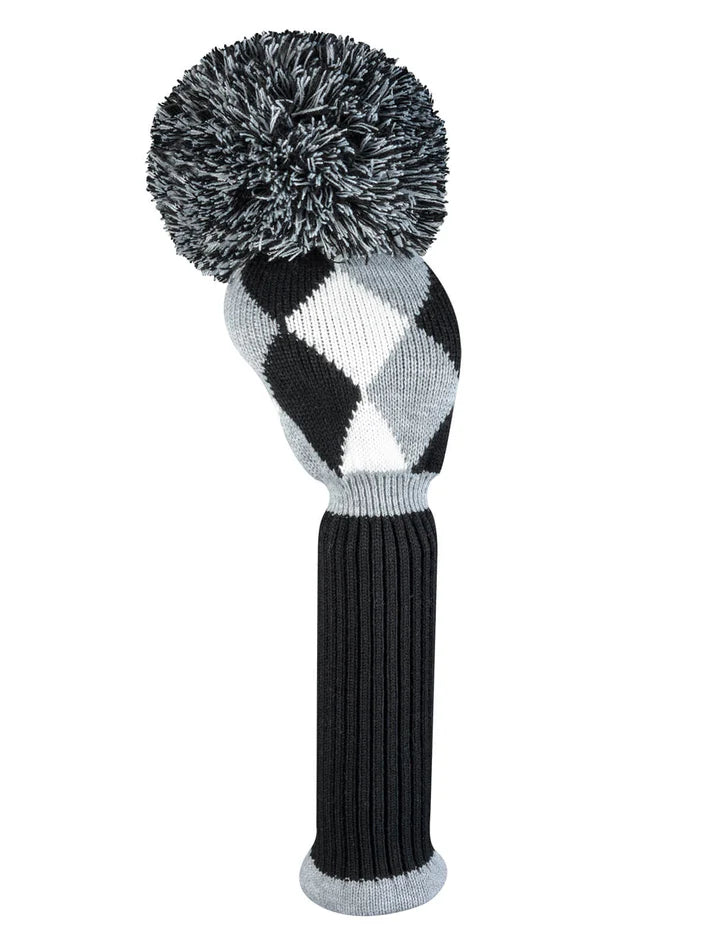 Just4Golf Black/Grey Diamond Argyle Knit Headcovers With Pom