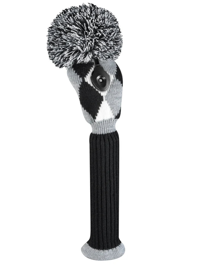 Just4Golf Black/Grey Diamond Argyle Knit Headcovers With Pom