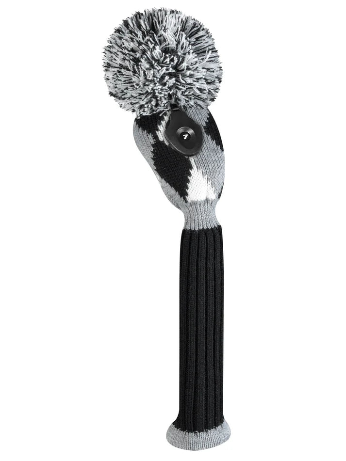 Just4Golf Black/Grey Diamond Argyle Knit Headcovers With Pom