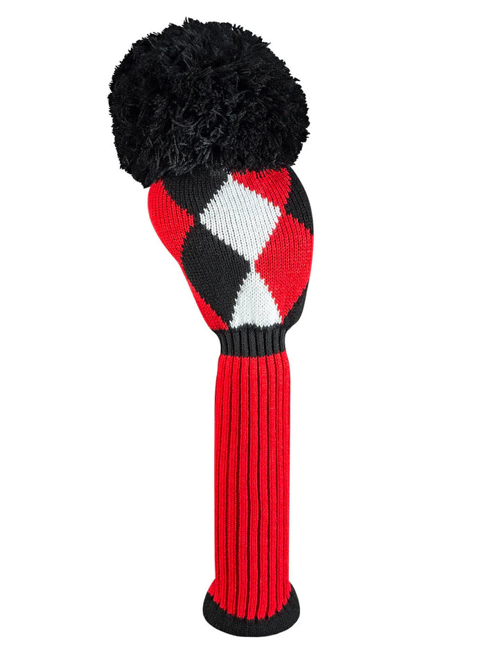 Just4Golf Red/Black Diamond Argyle Knit Headcovers With Pom
