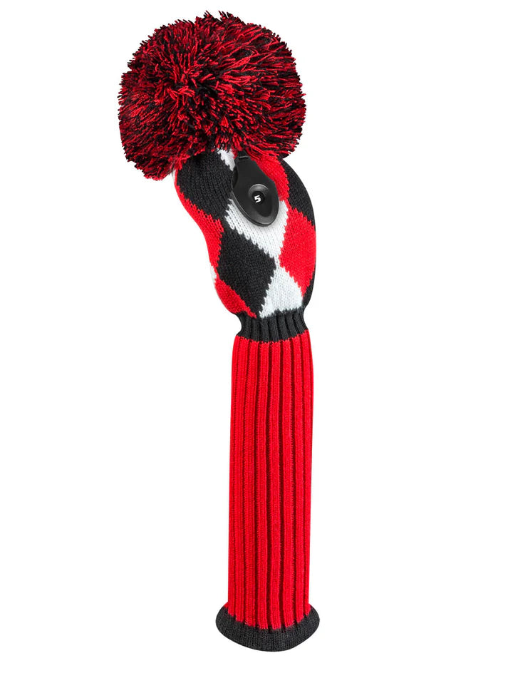 Just4Golf Red/Black Diamond Argyle Knit Headcovers With Pom