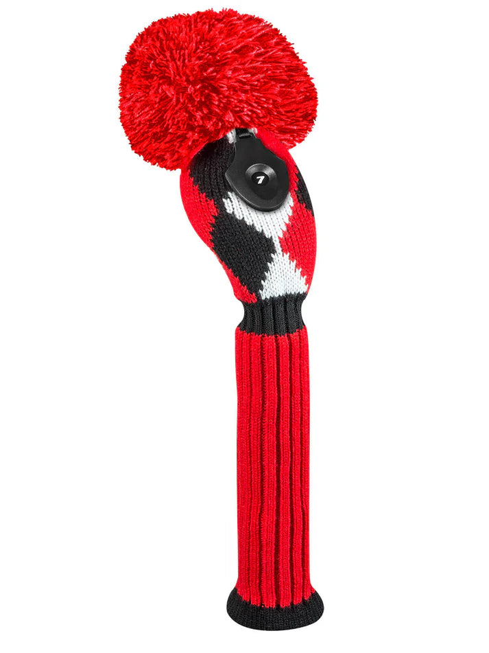 Just4Golf Red/Black Diamond Argyle Knit Headcovers With Pom