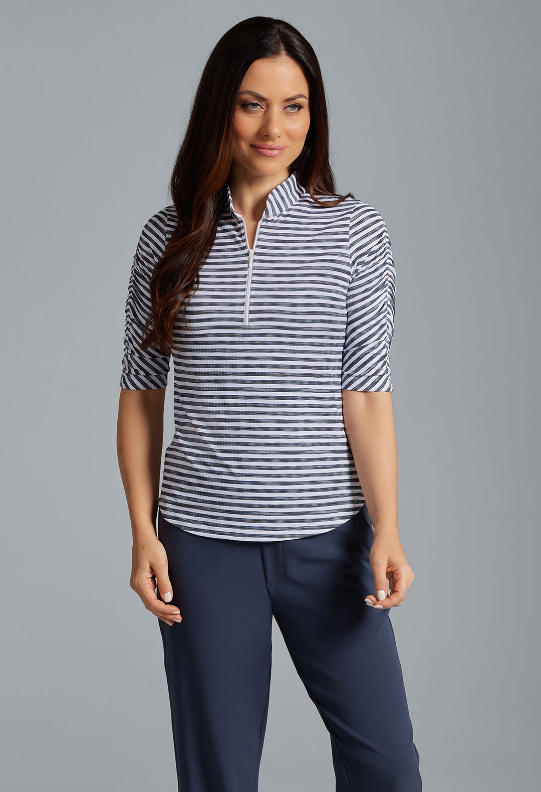 IBKUL Landon Stripe II Ruched Elbow Sleeve Mock