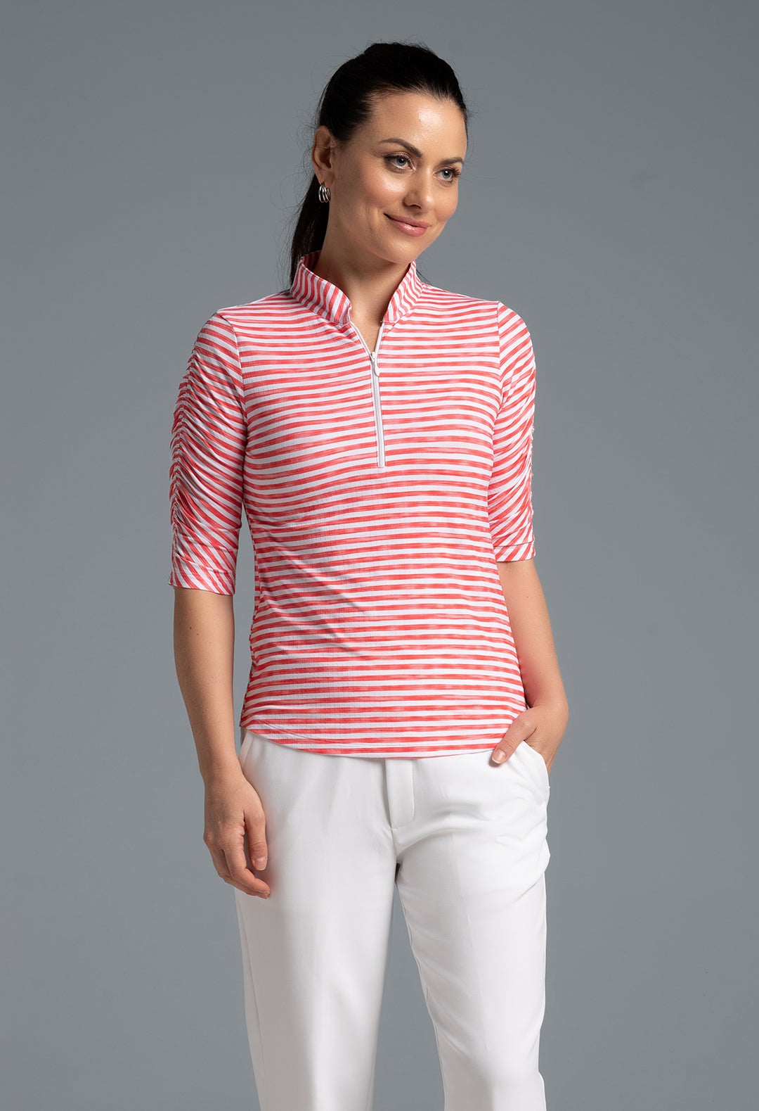 IBKUL Landon Stripe II Ruched Elbow Sleeve Mock
