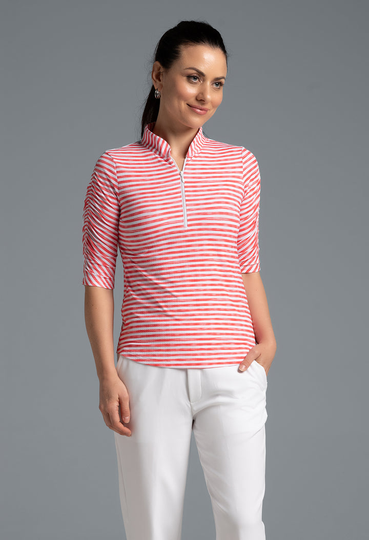 IBKUL Landon Stripe II Ruched Elbow Sleeve Mock