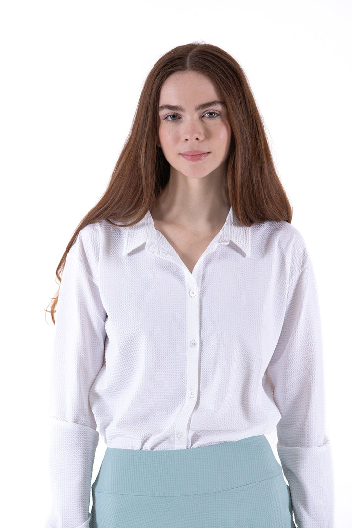 Foray Golf White Seersucker Long Sleeve Polo