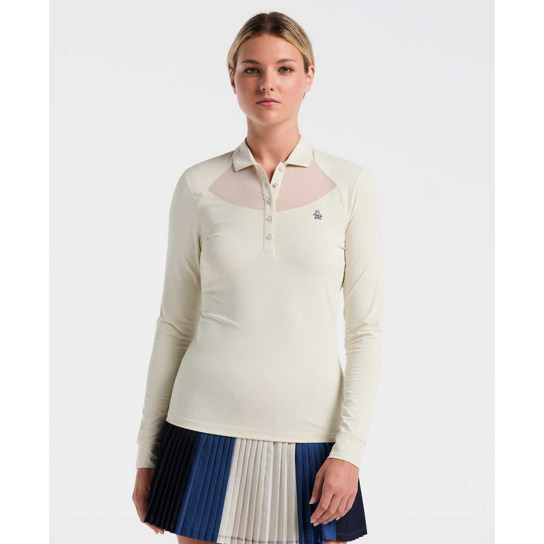 Silver Birch Original Penguin Mesh Yoke Long Sleeve Polo