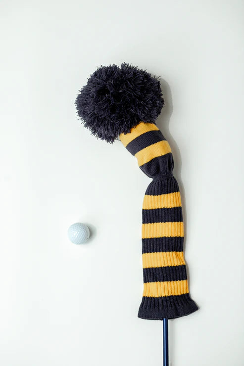 Just4Golf Navy/Gold Knit Headcovers With Pom
