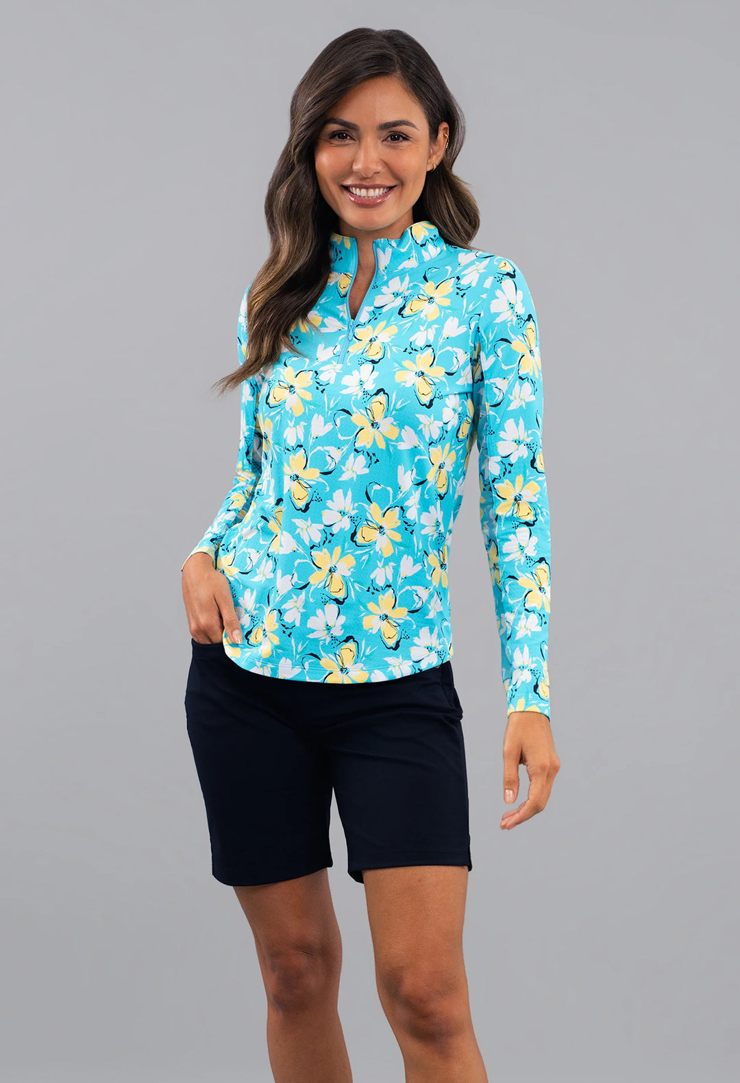 IBKUL Long Sleeve Quarter Zip Print Mocks [SF26]