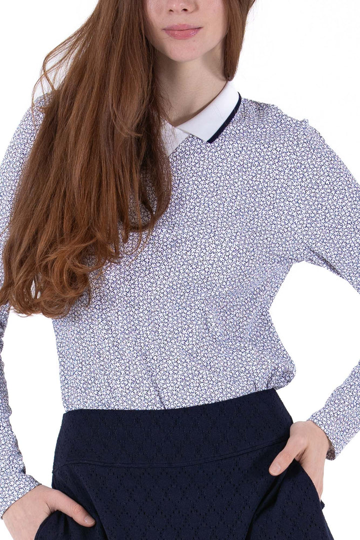 Foray Golf White/Navy Ditsy Floral Rib Long Sleeve Polo