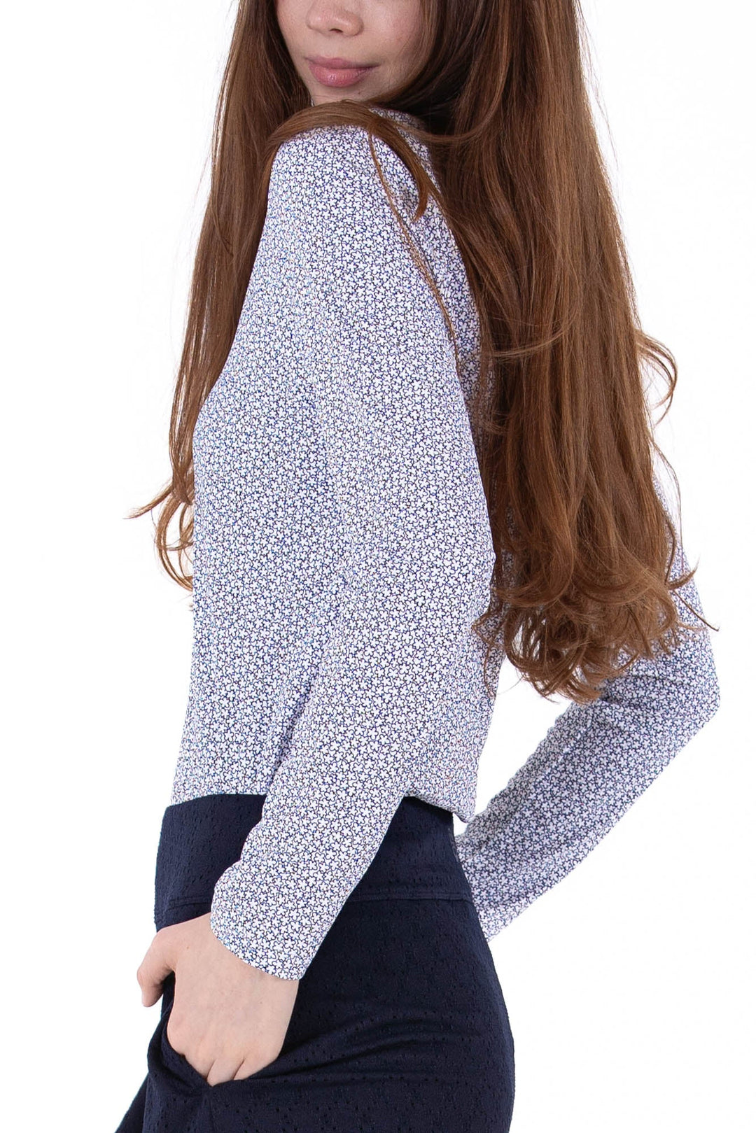 Foray Golf White/Navy Ditsy Floral Rib Long Sleeve Polo