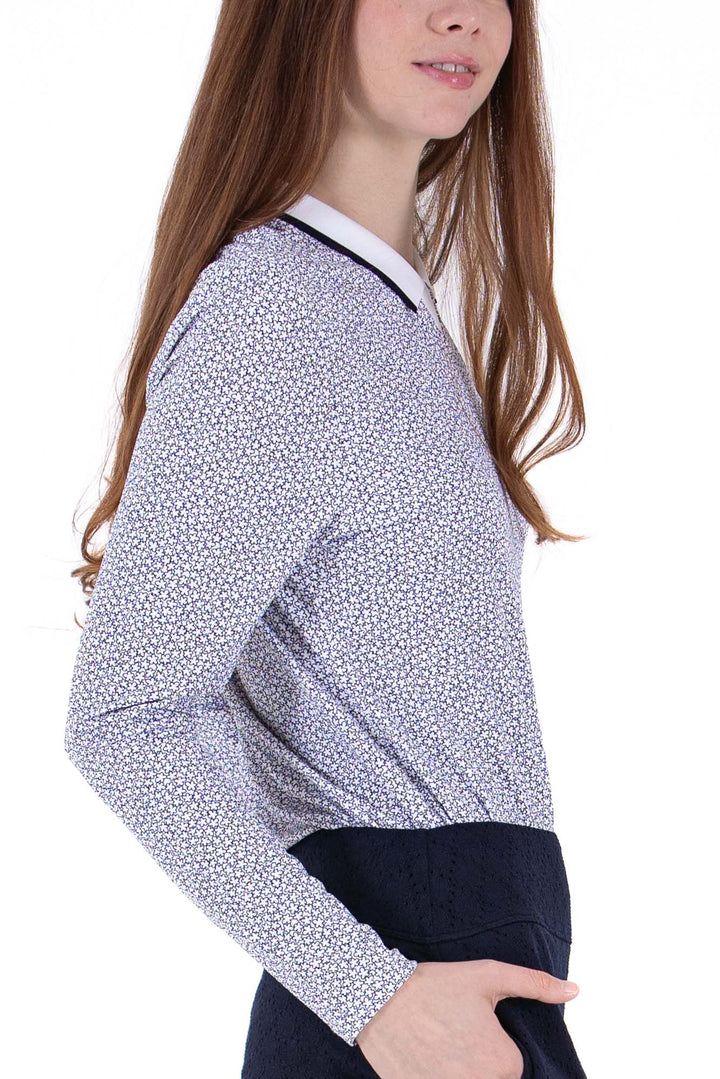 Foray Golf White/Navy Ditsy Floral Rib Long Sleeve Polo
