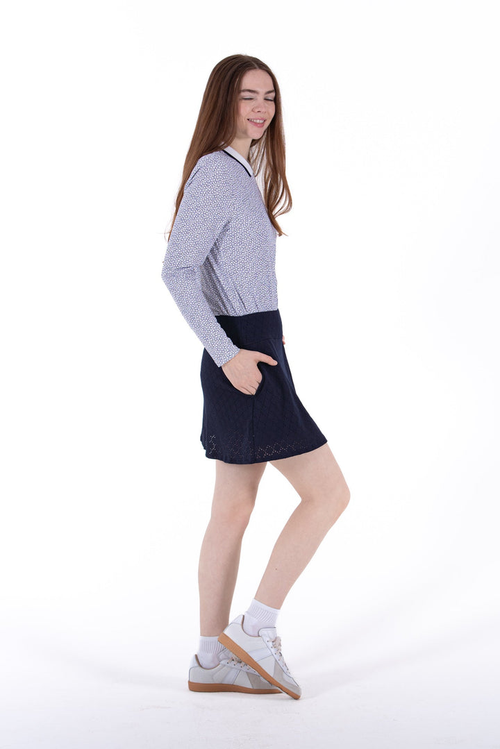 Foray Golf White/Navy Ditsy Floral Rib Long Sleeve Polo
