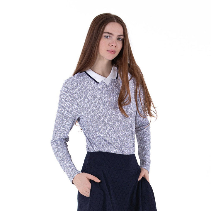 Foray Golf White/Navy Ditsy Floral Rib Long Sleeve Polo