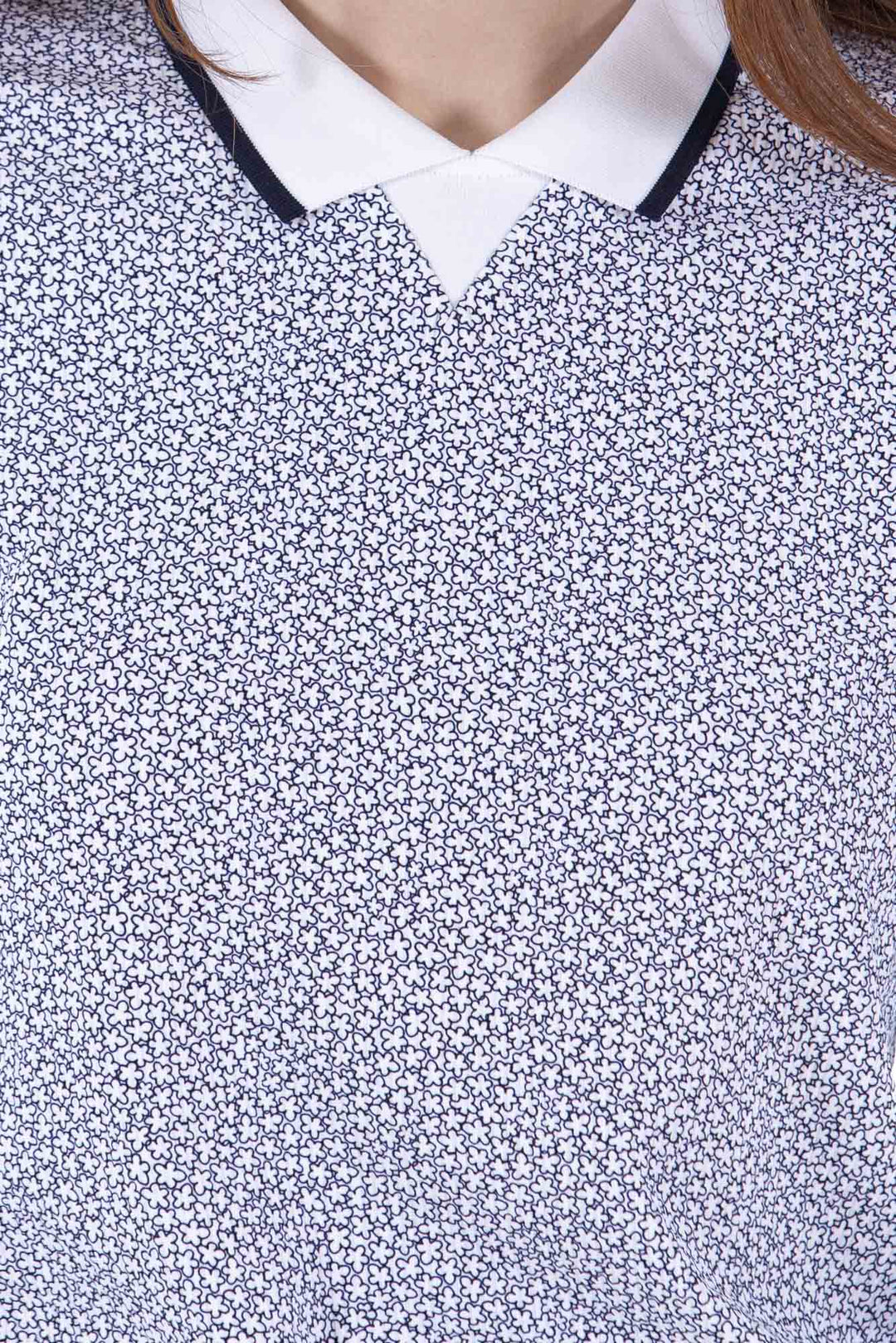 Foray Golf White/Navy Ditsy Floral Rib Long Sleeve Polo