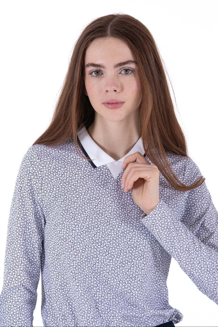 Foray Golf White/Navy Ditsy Floral Rib Long Sleeve Polo