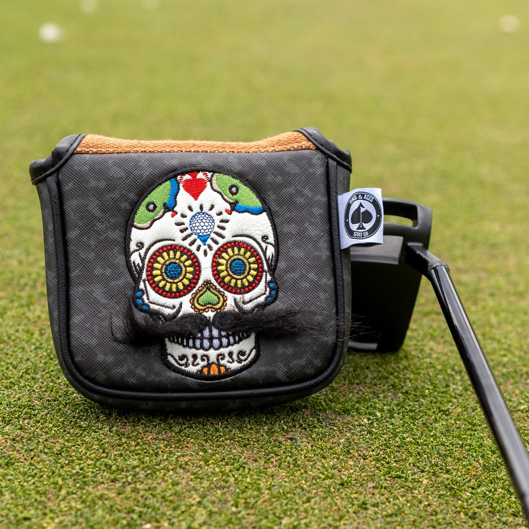 Pins &amp; Aces Mustache Sugar Skull - Mallet Putter Cover Gray Camo