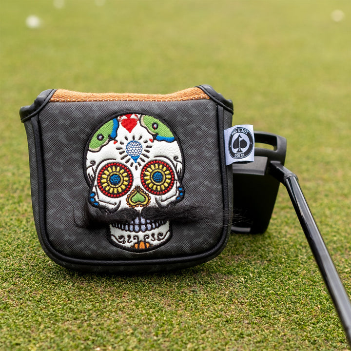 Pins &amp; Aces Mustache Sugar Skull - Mallet Putter Cover Gray Camo