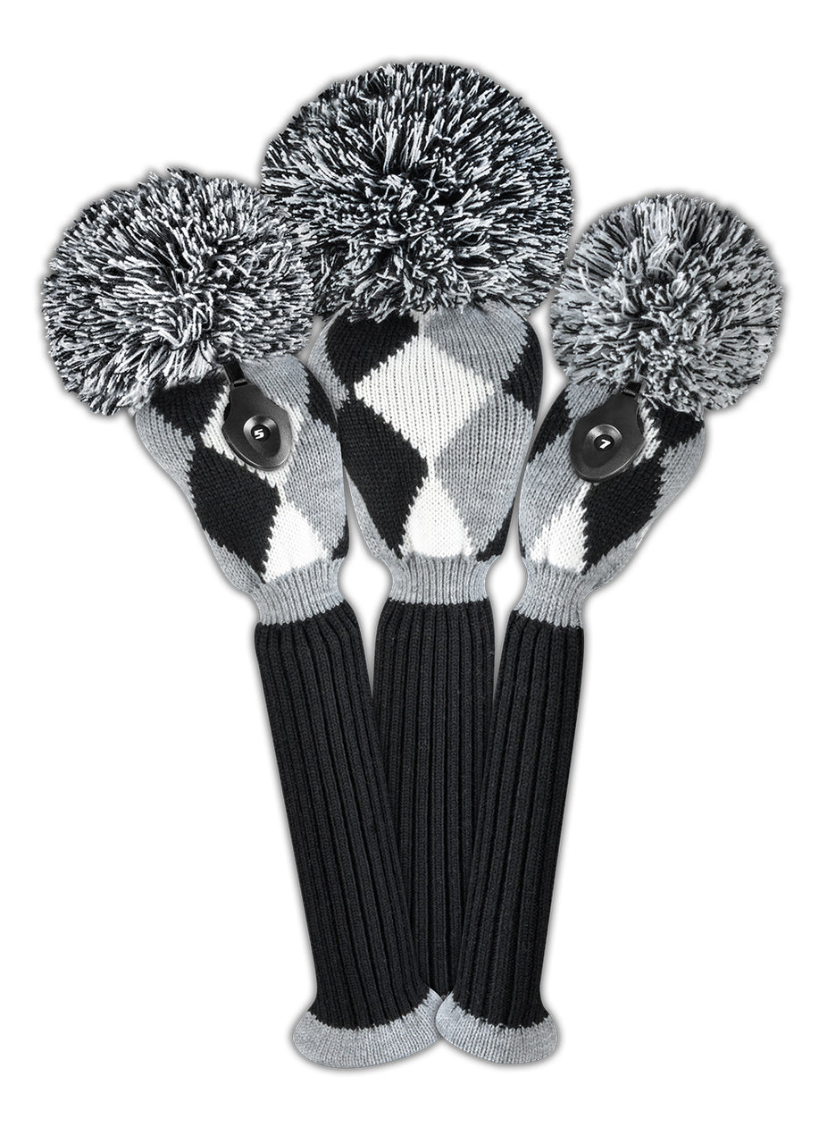 Just4Golf Black/Grey Diamond Argyle Knit Headcovers With Pom