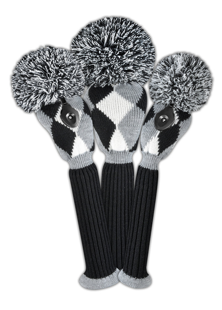 Just4Golf Black/Grey Diamond Argyle Knit Headcovers With Pom