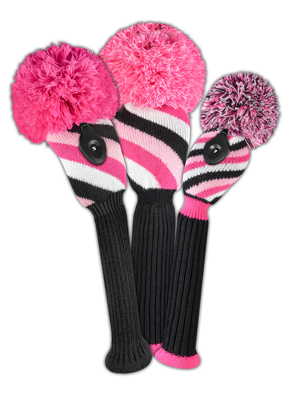 Just4Golf Pink/Black Diagonal Stripe Knit Headcovers With Pom
